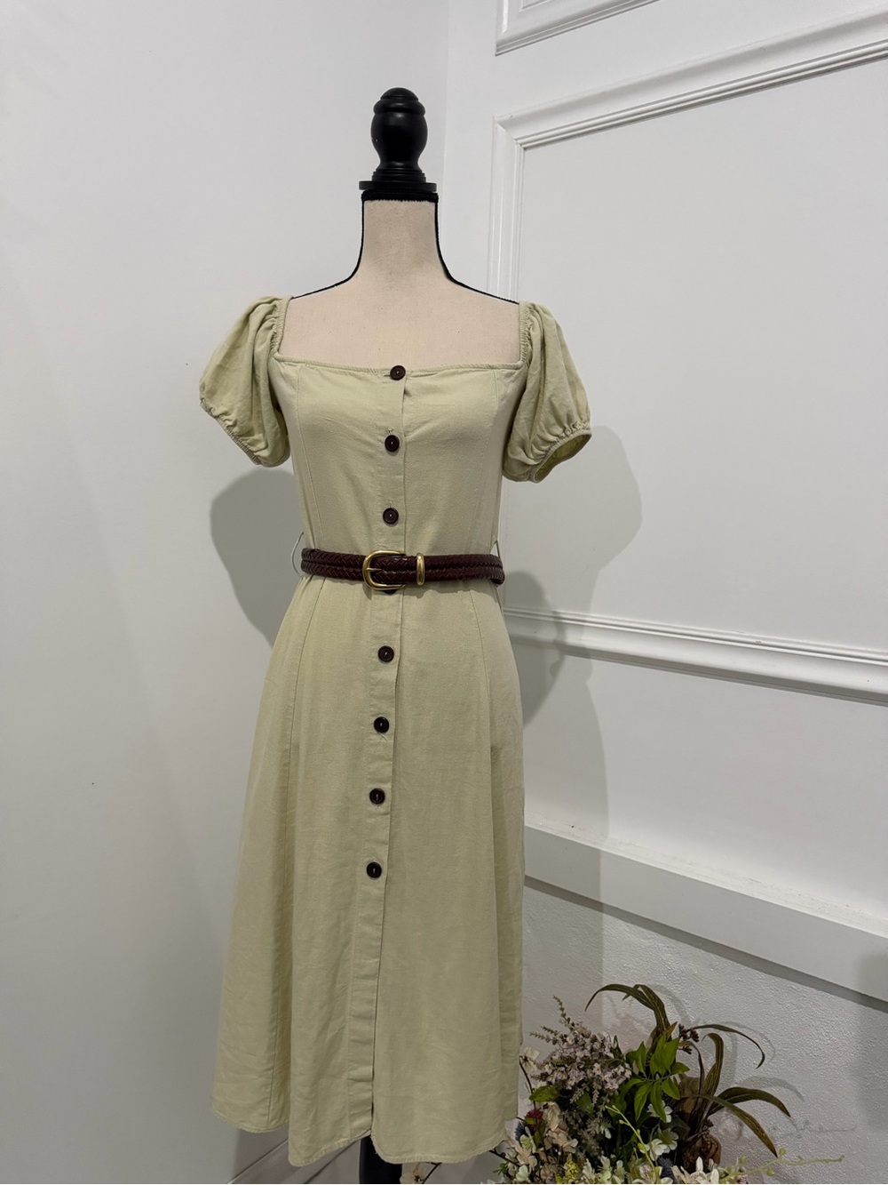 Zara Light Olive Square-Neck Button-Front Midi Dress with Brown Belt